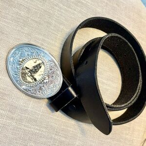 Men's Black Full Grain Leather Belt Size 44 With Heavy Silver Buckle, Scrimshaw